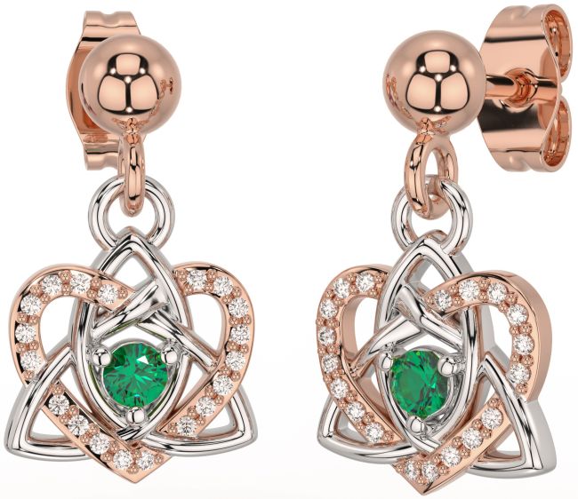 Diamond Emerald Rose Gold Silver Celtic Trinity Knot Heart Dangle Earrings