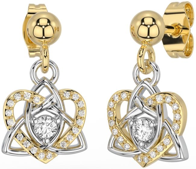 Diamond Gold Silver Celtic Trinity Knot Heart Dangle Earrings