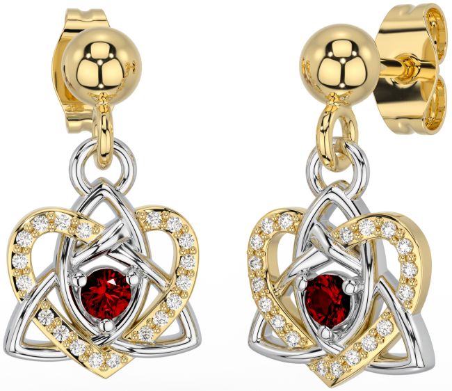 Diamond Garnet Gold Silver Celtic Trinity Knot Heart Dangle Earrings