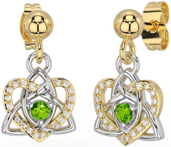 Diamond Peridot Gold Silver Celtic Trinity Knot Heart Dangle Earrings