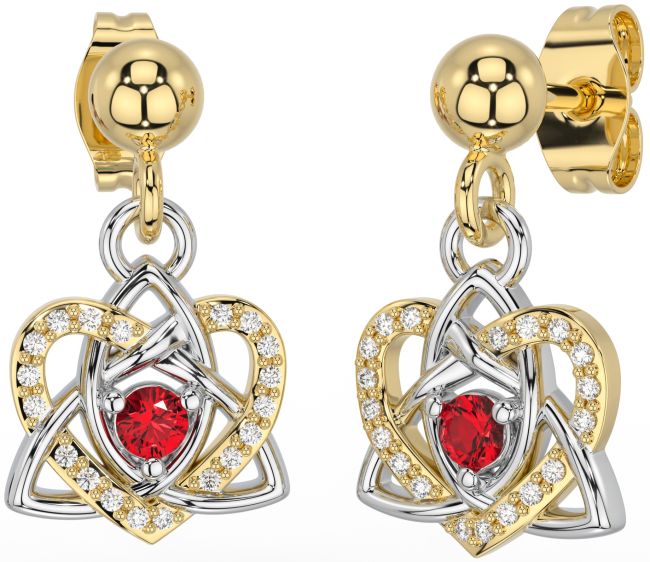 Diamond Ruby Gold Silver Celtic Trinity Knot Heart Dangle Earrings