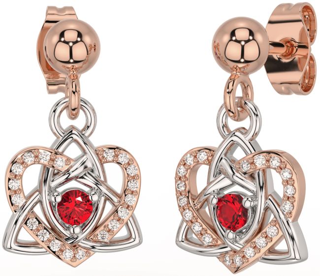 Diamond Ruby White Rose Gold Celtic Trinity Knot Heart Dangle Earrings
