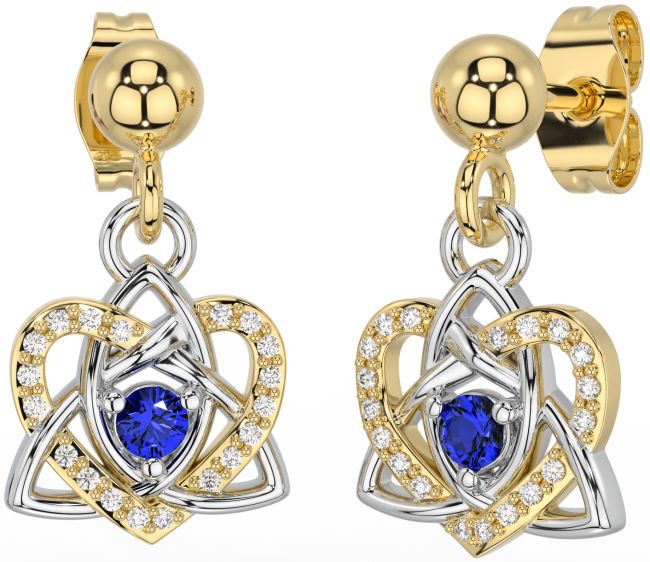 Diamond Sapphire White Yellow Gold Celtic Trinity Knot Heart Dangle Earrings