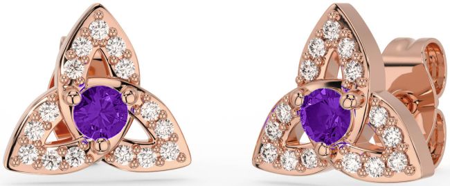 Diamond Amethyst Rose Gold Silver Celtic Trinity Knot Stud Earrings