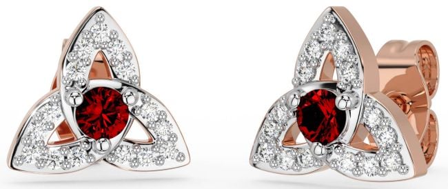 Diamond Garnet Rose Gold Silver Celtic Trinity Knot Stud Earrings