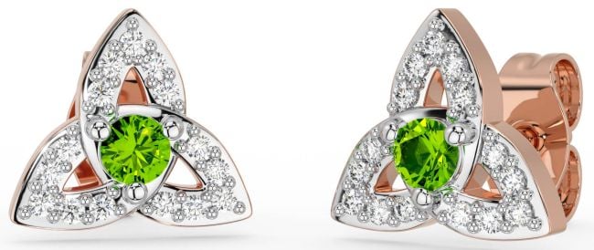 Diamond Peridot Rose Gold Silver Celtic Trinity Knot Stud Earrings