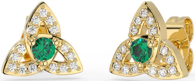 Diamond Emerald Gold Silver Celtic Trinity Knot Stud Earrings