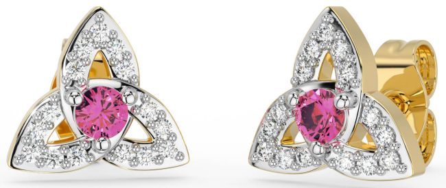 Diamond Pink Tourmaline Gold Silver Celtic Trinity Knot Stud Earrings