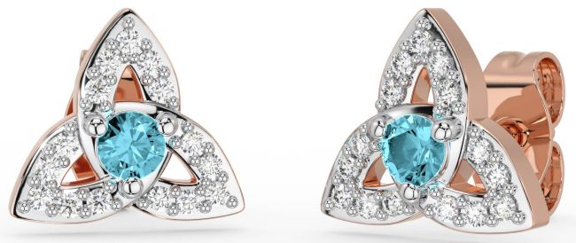 Diamond Aquamarine White Rose Gold Celtic Trinity Knot Stud Earrings