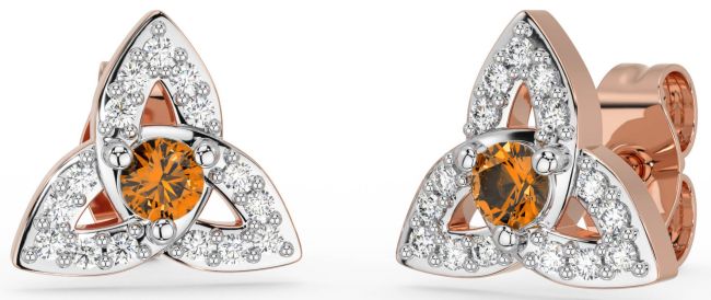 Diamond Citrine White Rose Gold Celtic Trinity Knot Stud Earrings