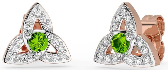 Diamond Peridot White Rose Gold Celtic Trinity Knot Stud Earrings