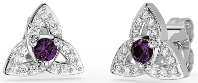 Diamond Alexandrite Silver Celtic Trinity Knot Stud Earrings