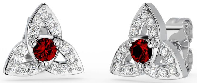 Diamond Garnet Silver Celtic Trinity Knot Stud Earrings
