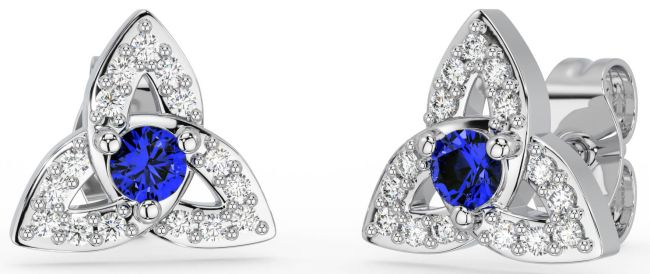 Diamond Sapphire Silver Celtic Trinity Knot Stud Earrings