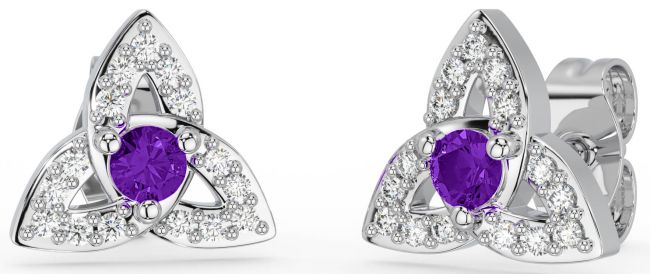 Diamond Amethyst White Gold Celtic Trinity Knot Stud Earrings