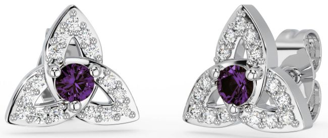Diamond Alexandrite White Gold Celtic Trinity Knot Stud Earrings