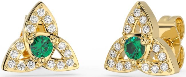 Diamond Emerald Gold Celtic Trinity Knot Stud Earrings