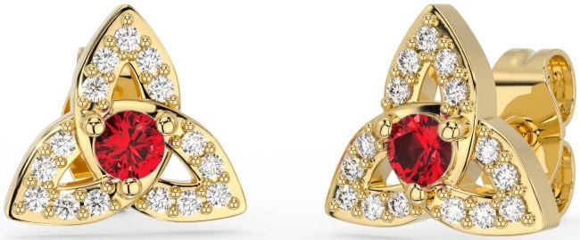 Diamond Ruby Gold Celtic Trinity Knot Stud Earrings
