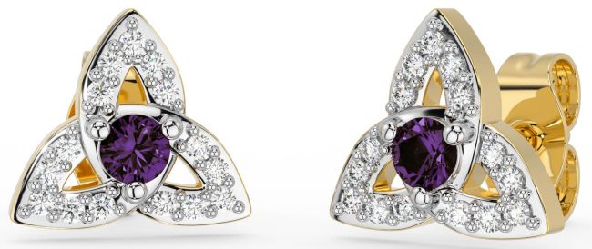 Diamond Alexandrite White Yellow Gold Celtic Trinity Knot Stud Earrings