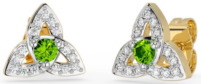Diamond Peridot White Yellow Gold Celtic Trinity Knot Stud Earrings