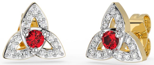 Diamond Ruby White Yellow Gold Celtic Trinity Knot Stud Earrings