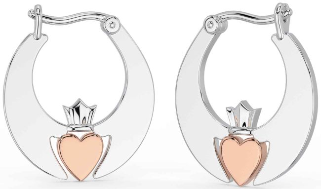 Rose Gold Silver Claddagh Dangle Earrings