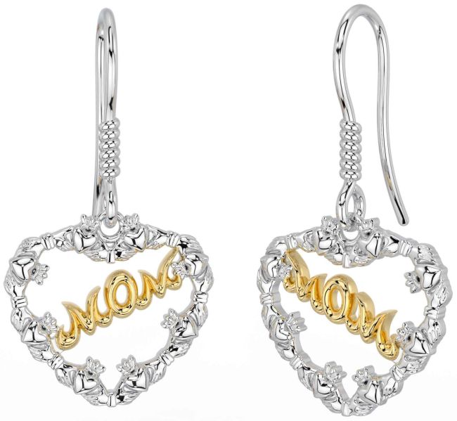 Gold Silver Claddagh Heart Mom Dangle Earrings
