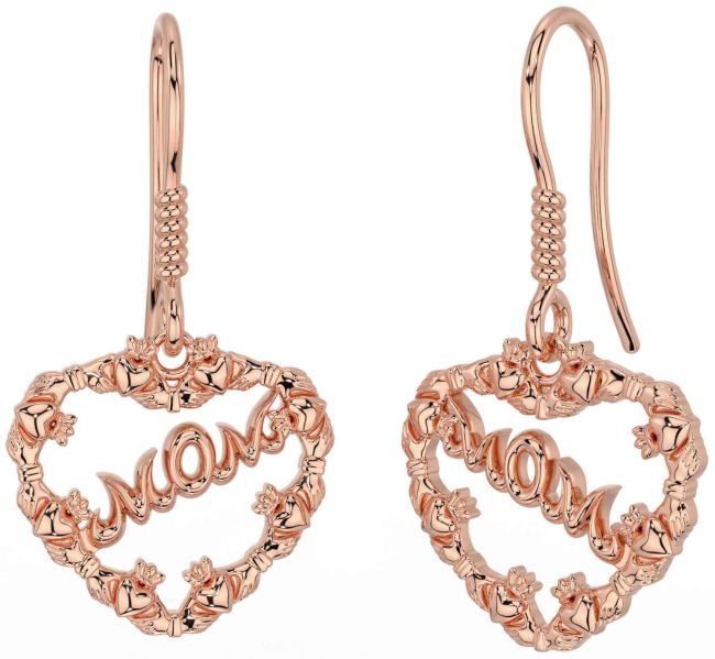 Rose Gold Silver Claddagh Heart Mom Dangle Earrings