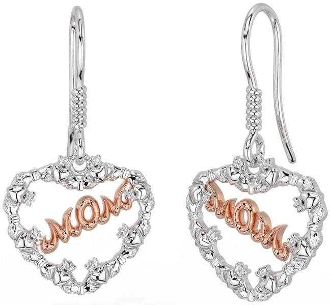 White Rose Gold Claddagh Heart Mom Dangle Earrings