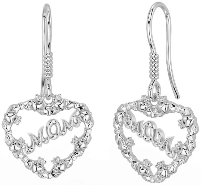 White Gold Claddagh Heart Mom Dangle Earrings