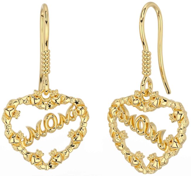 Gold Claddagh Heart Mom Dangle Earrings