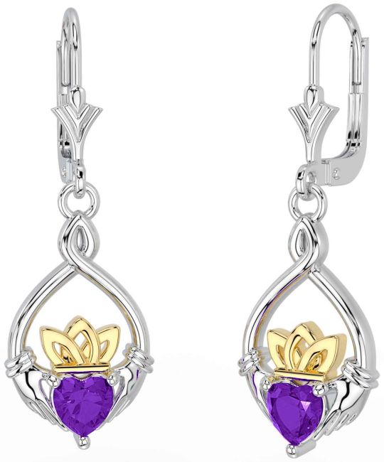 Amethyst Gold Silver Celtic Claddagh Dangle Earrings