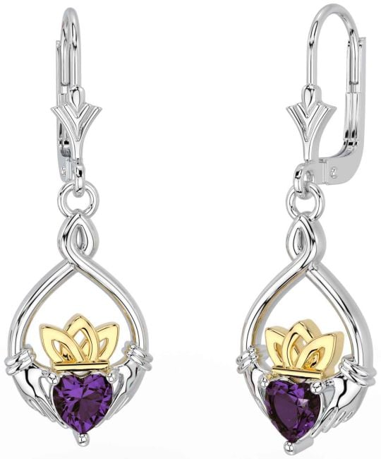 Alexandrite Gold Silver Celtic Claddagh Dangle Earrings