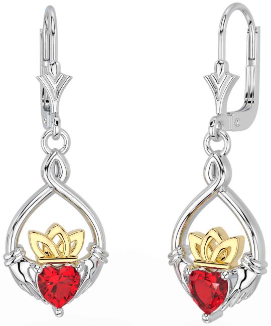 Ruby Gold Silver Celtic Claddagh Dangle Earrings