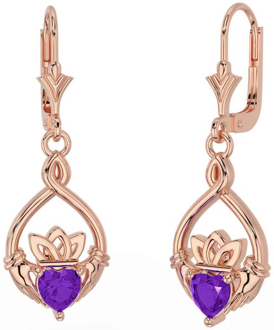 Amethyst Rose Gold Silver Celtic Claddagh Dangle Earrings