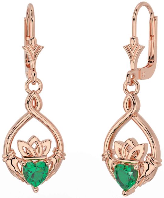 Emerald Rose Gold Silver Celtic Claddagh Dangle Earrings