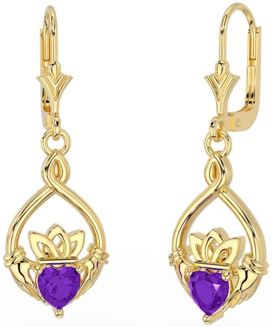 Amethyst Gold Silver Celtic Claddagh Dangle Earrings