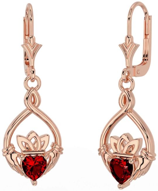 Garnet Rose Gold Celtic Claddagh Dangle Earrings