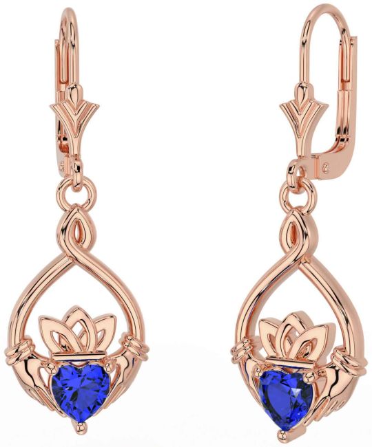 Sapphire Rose Gold Celtic Claddagh Dangle Earrings