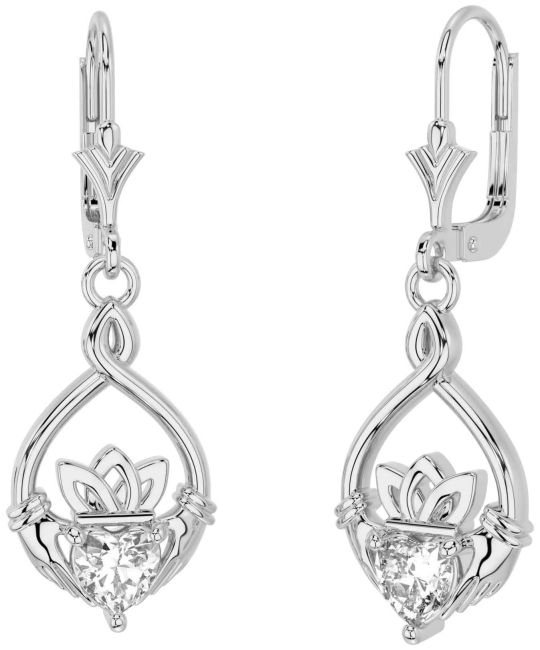 Diamond Silver Celtic Claddagh Dangle Earrings