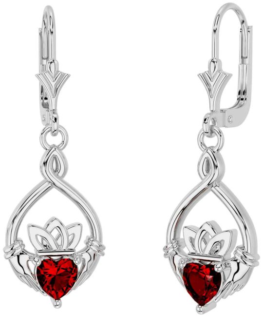 Garnet Silver Celtic Claddagh Dangle Earrings