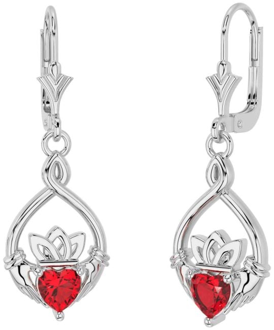 Ruby Silver Celtic Claddagh Dangle Earrings