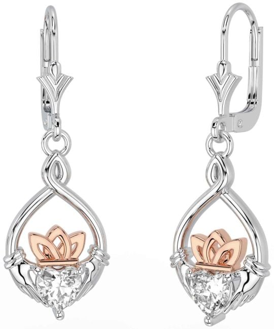 Diamond Rose Gold Silver Celtic Claddagh Dangle Earrings