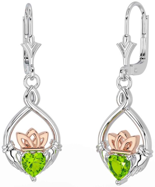 Peridot Rose Gold Silver Celtic Claddagh Dangle Earrings