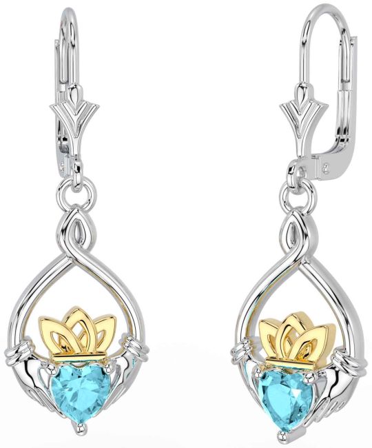 Aguamarina Oro Plata céltico Claddagh Colgar Pendientes