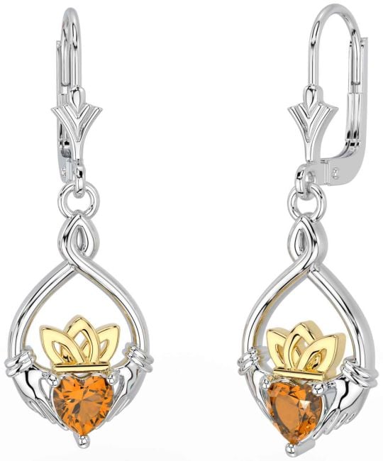 Citrine Gold Silver Celtic Claddagh Dangle Earrings