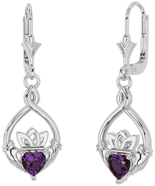Alexandrite White Gold Celtic Claddagh Dangle Earrings