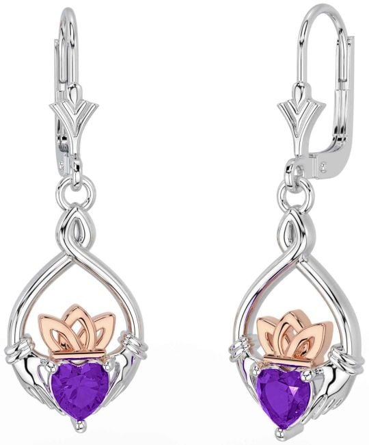 Amethyst White Rose Gold Celtic Claddagh Dangle Earrings