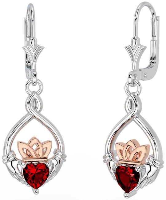 Grenat Blanc Rose Or celtique Claddagh Pendre Des boucles d'oreilles