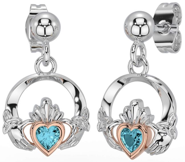 Aquamarine Rose Gold Silver Celtic Claddagh Trinity Knot Dangle Earrings